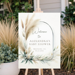 Boho Pampas Sage Green Baby Dusche Begrüßungszeich Poster