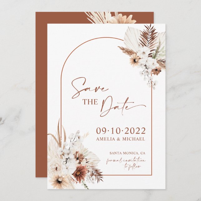 Boho Pampas Terracotta Rust Save the Date (Vorne/Hinten)