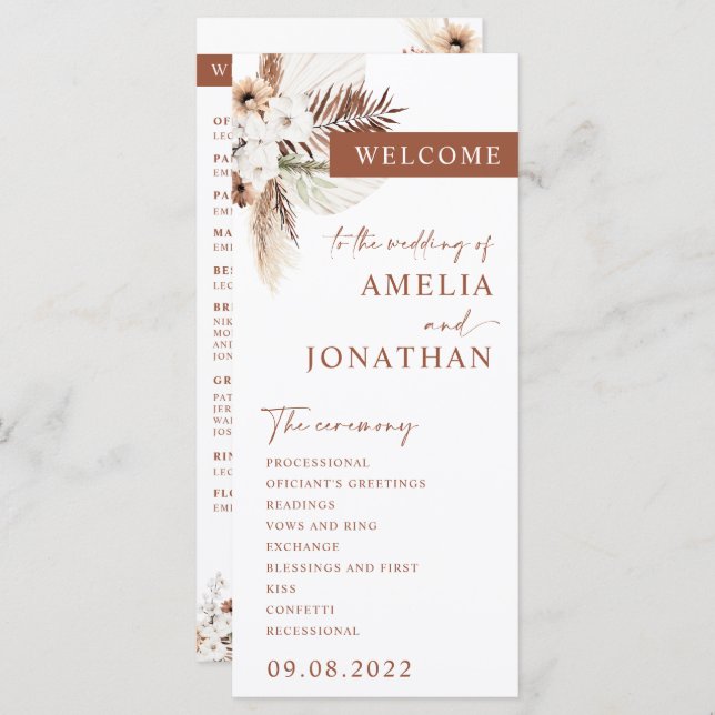 Boho Pampas Terracotta Wedding Program Card (Vorne/Hinten)