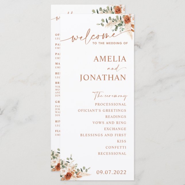 Boho Pampas Terracotta Wedding Program Card LEYLA (Vorne/Hinten)