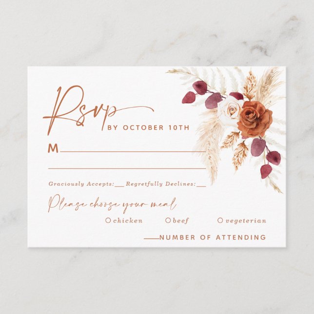 Boho Pampas Terracotta Wedding RSVP Card Begleitkarte (Vorderseite)