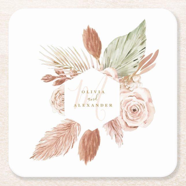 Boho Pampas Tropical Dried Blume Hochzeit Rechteckiger Pappuntersetzer (Vorderseite)