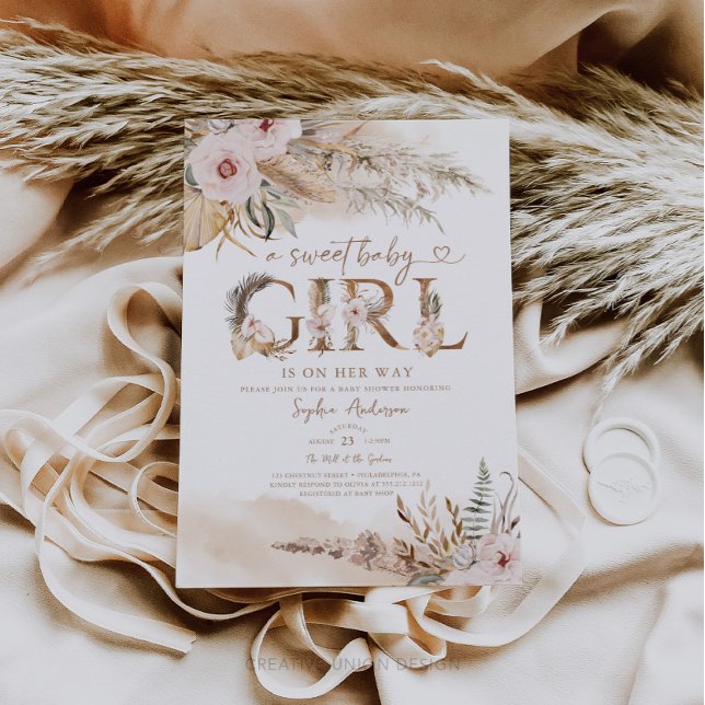 Boho Pampas Tropical Girl Babydusche Einladung (Boho Baby Shower)