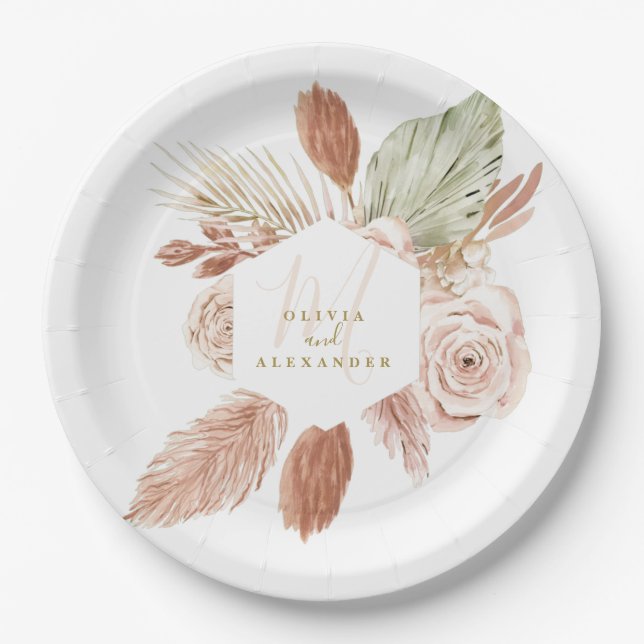 Boho Pampas tropische getrocknete Blume Hochzeitsp Pappteller (Vorderseite)