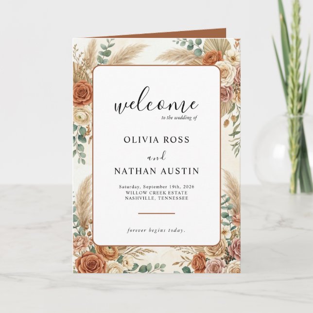Boho Pampas und Florales gefaltetes Hochzeitsprogr Programm (Vorderseite)