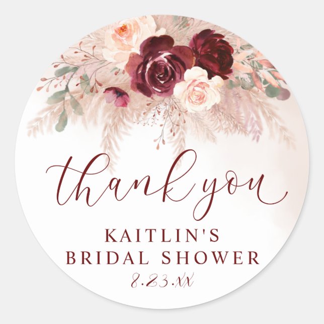 Boho Pampas Wedding Brautparty Burgundy Rose Runder Aufkleber (Vorderseite)