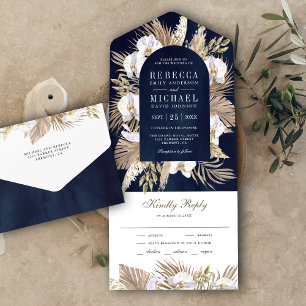 Boho Pampas Weiße Orchidee Getrocknete Palme Navy All In One Einladung
