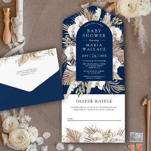 Boho Pampas Weiße Orchidee Marineblau Babyparty All In One Einladung