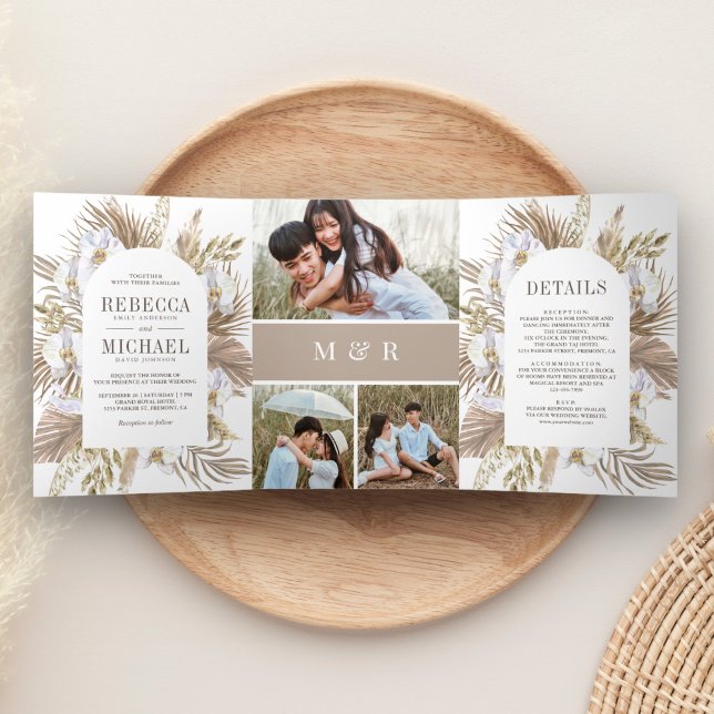 Boho Pampas White Orchid Driving Palm Wedding Dreifach Gefaltete Einladung (Von Creator hochgeladen)