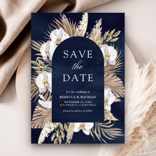 Boho Pampas White Orchid Navy Blue Wedding Save The Date