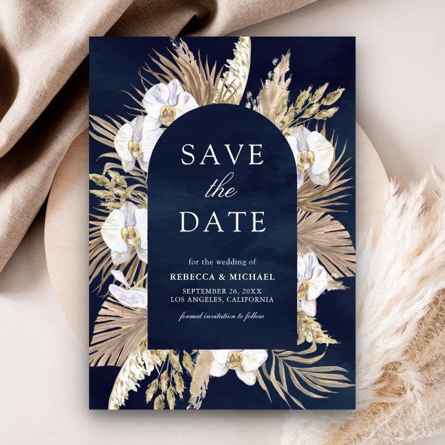 Boho Pampas White Orchid Navy Blue Wedding Save The Date (Von Creator hochgeladen)