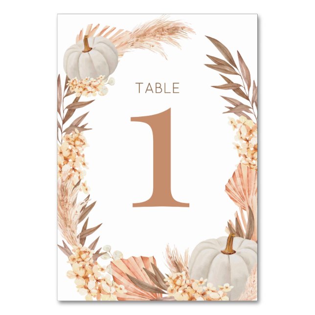 Boho Pampas white Pumpkin Table number Tischnummer (Vorderseite)