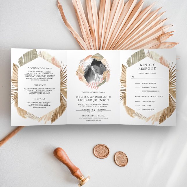 Boho Pampas Wreath Dried Palm 3 in 1 Wedding Dreifach Gefaltete Einladung (Von Creator hochgeladen)