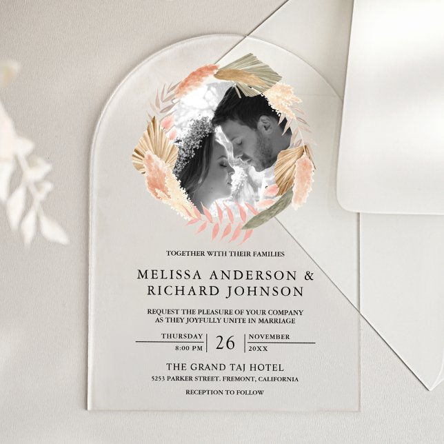 Boho Pampas Wreath Photo Dried Palm Leaves Wedding Acryleinladungen (Von Creator hochgeladen)