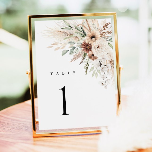 Boho-Pampasgras-Blumen-Hochzeitstisch-Nummern (Boho Pampas Grass Floral Wedding Table Number Card, Neutral Beige Sage Green Reception Gold Decor)