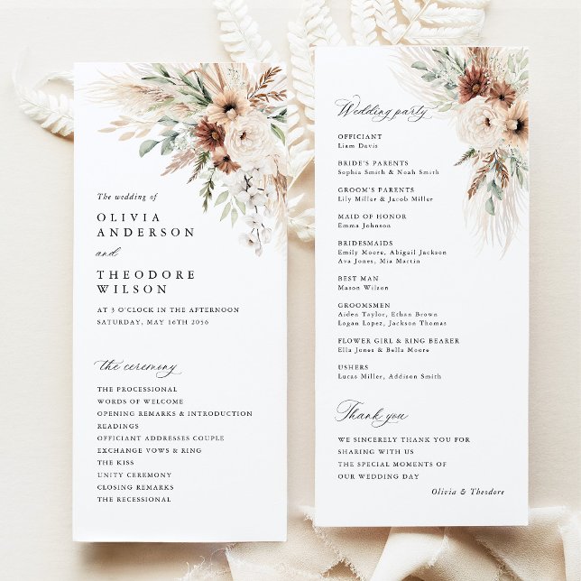 Boho-Pampasgras-Blumenhochzeitszeremonie Programm (Boho Pampas Grass Floral Wedding Program Card, Rustic Ceremony Program, Neutral Wedding Stationery)
