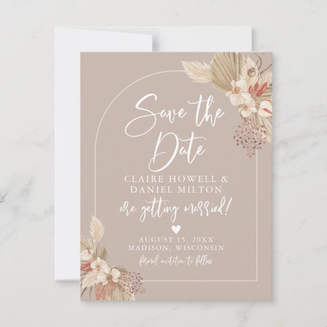 Boho-Pampasgras-Neutrale Save The Date (Vorderseite)
