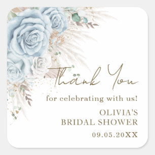 Boho-Pampasgras Pastellblau Florale Hochzeitsdusch Quadratischer Aufkleber