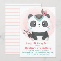 Boho Panda Bear 4. Geburtstag Einladungen