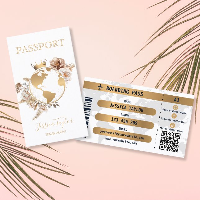 Boho Passport Travel Agent Boarding Weltkarte Visitenkarte (Von Creator hochgeladen)