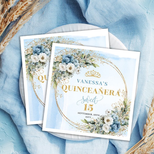 Boho Pastel Blue Floral Gold Glitter Quinceañera  Serviette (Boho Pastel Blue Floral Gold Glitter Quinceañera Napkins )