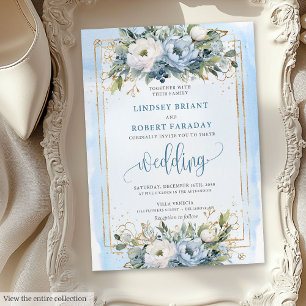 Boho Pastel Blue Gold Blume Hochzeit Einladung