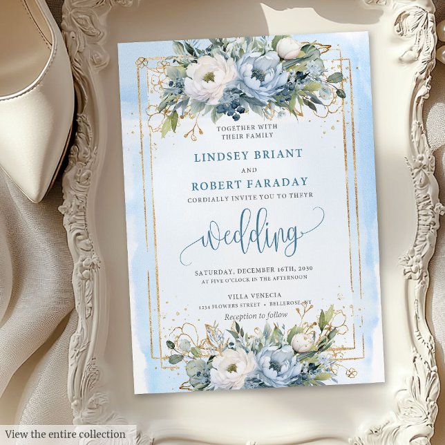 Boho Pastel Blue Gold Blume Hochzeit Einladung (Boho Pastel Blue Gold Flowers Wedding Invitation)