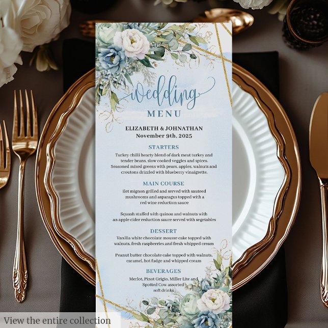 Boho Pastel Blue Peonies Gold Frame Dinner Menü Menükarte (Boho Pastel Blue Peonies Gold Frame Dinner Menu

)