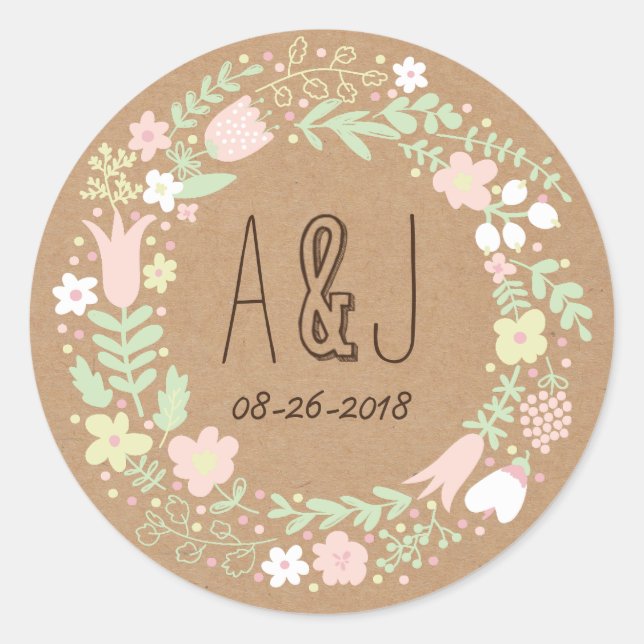 Boho Pastel Floral Wreath Rustikale Hochzeit Runder Aufkleber (Vorderseite)