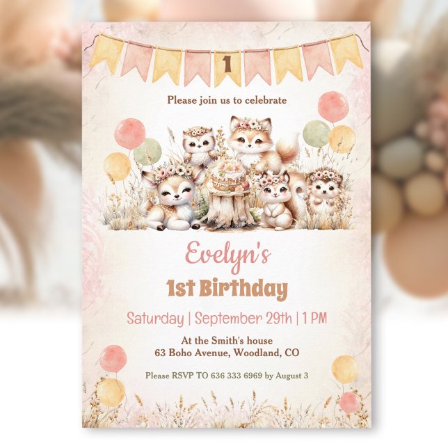 Boho Pastel Girl 1. Geburtstag Einladung (Woodland Animals Boho Pastel Girl 1st Birthday Invitation)