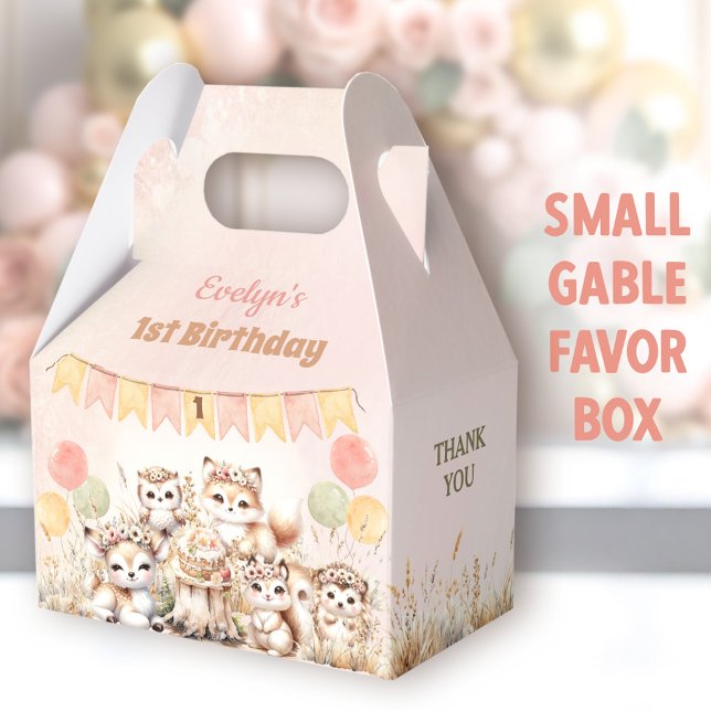 Boho Pastel Girl 1. Geburtstag Geschenkschachtel (Woodland Animals Small Gable Favor Boxes - You can choose from 3 sizes of these gable favor boxes)