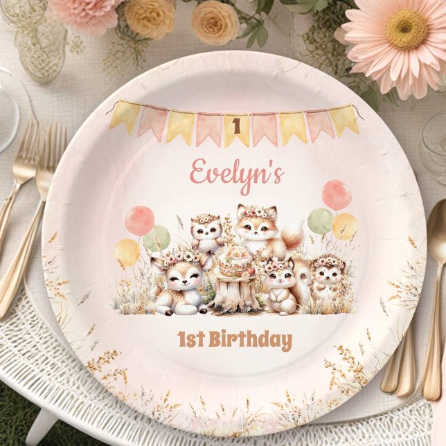 Boho Pastel Girl 1. Geburtstag Pappteller (Woodland Animals Boho Pastel Girl 1st Birthday Paper Plates)