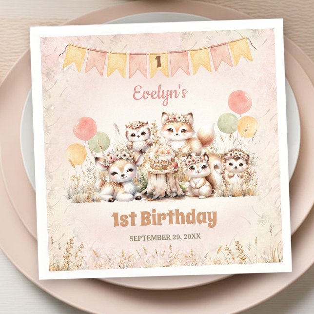 Boho Pastel Girl 1. Geburtstag Serviette (Woodland Animals Boho Pastel Girl 1st Birthday Napkins)