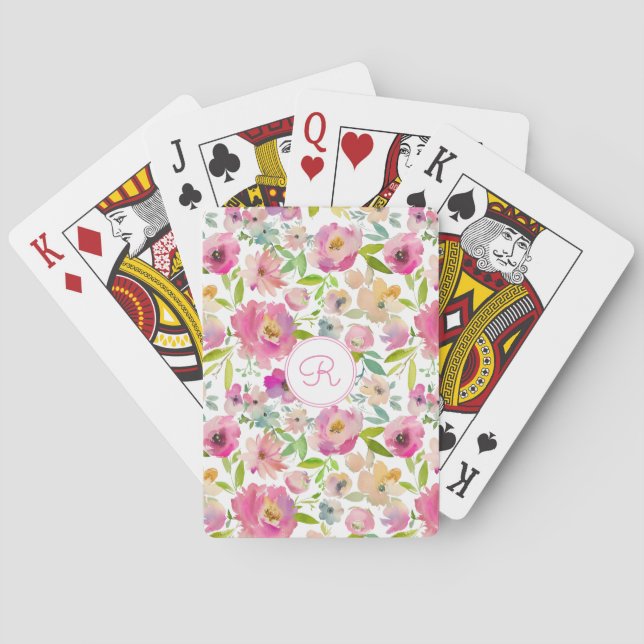 Boho Pastel Pink Floral Wasserfarbe Botanisch Spielkarten (Rückseite)