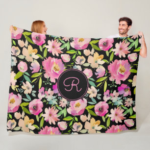Boho Pastel Pink Green Floral Wasserfarbe Botanisc Fleecedecke