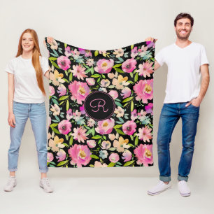 Boho Pastel Pink Green Floral Wasserfarbe Botanisc Fleecedecke