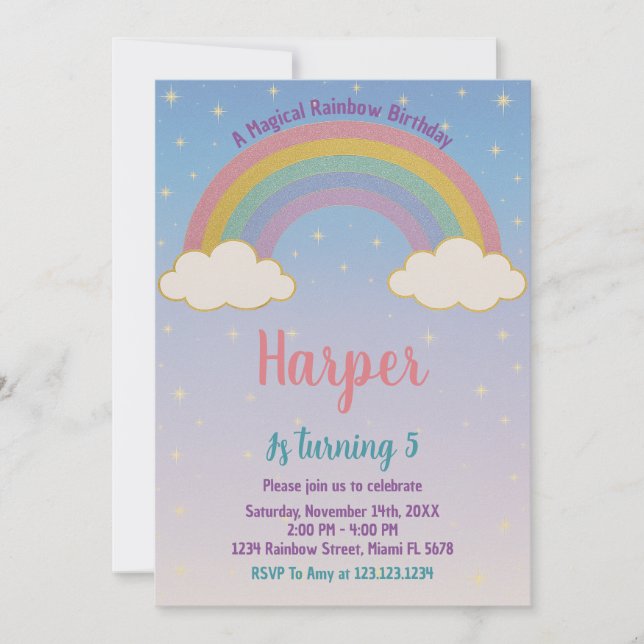 Boho Pastel Rainbow Einladung zum Geburtstag (Vorderseite)