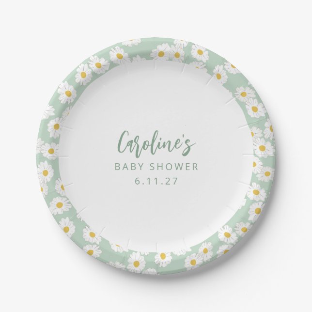 Boho Pastel Sage Daisies Floral Custom Baby Dusche Pappteller (Vorderseite)