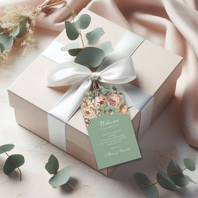 Boho Pastel Sage Green Blush Pink Peonies Wedding Geschenkanhänger (Boho Pastel Sage Green Blush Pink Peonies Wedding Gift Tags on a gift box with white ribbon.)