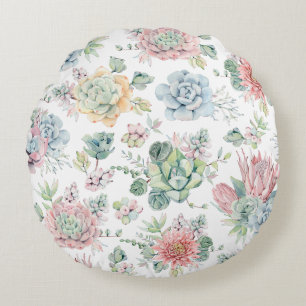 Boho Pastel Watercolor Succules Blumenmuster Rundes Kissen