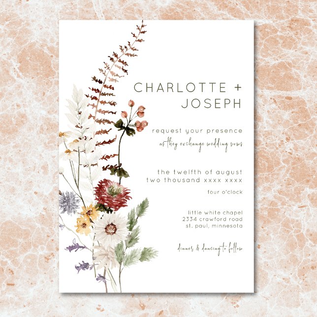 Boho Pastel Wildblumen Moderne Blumenhochzeit Einladung (Boho Terracotta Peach & Cream Floral Green Wedding Invitation)