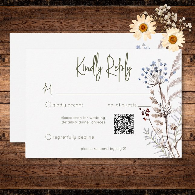 Boho Pastel Wildblumen Moderner QR-Code RSVP Karte (Boho Pastel Wildflowers Modern Floral QR Code RSVP Card)