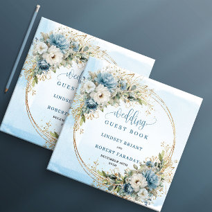 Boho Pastell Blau Floral Gold Glitter Hochzeit Gästebuch