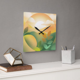 Boho-Pastell-Naturmalerei-Landschaftsuhr Quadratische Wanduhr