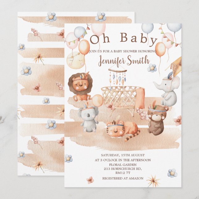 Boho pastelltiere mobile Babydusche Oh Baby Einladung (Vorne/Hinten)