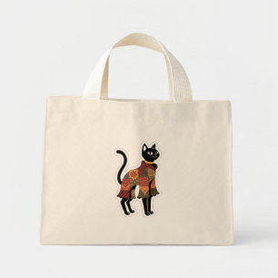 Boho-Patchwork-Schwarze-Katze-Folk-Art-Tasche Mini Stoffbeutel