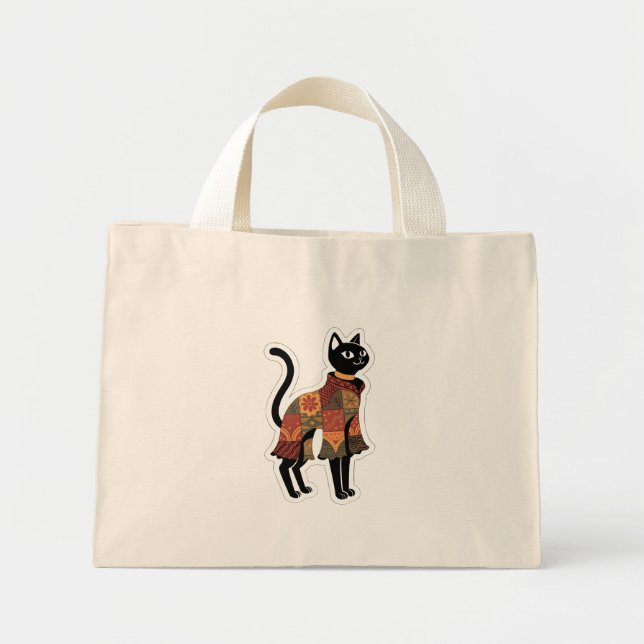 Boho-Patchwork-Schwarze-Katze-Folk-Art-Tasche Mini Stoffbeutel (Vorne)