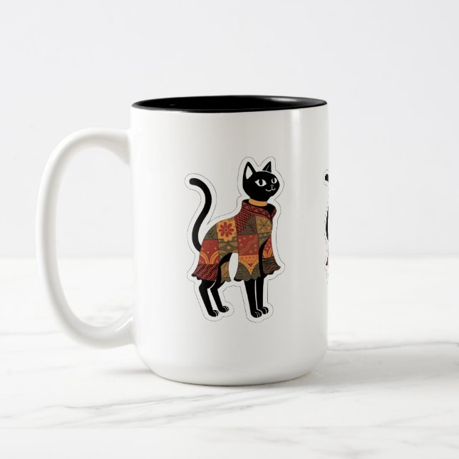 Boho-Patchwork-Schwarze-Katzen-Kaffeetasse Zweifarbige Tasse (Links)