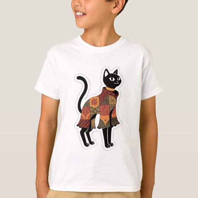 Boho-Patchwork-Schwarzkatze-Grafik-T-Shirt T-Shirt (Vorderseite)