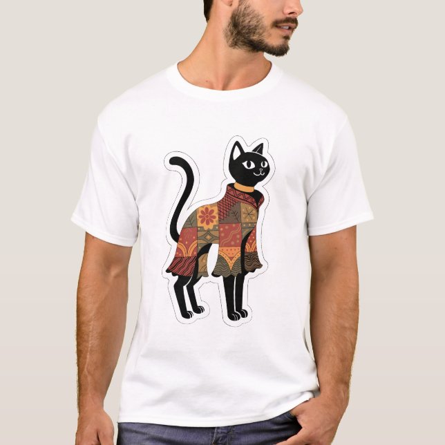 Boho-Patchwork-Schwarzkatze-Grafik-T-Shirt T-Shirt (Vorderseite)
